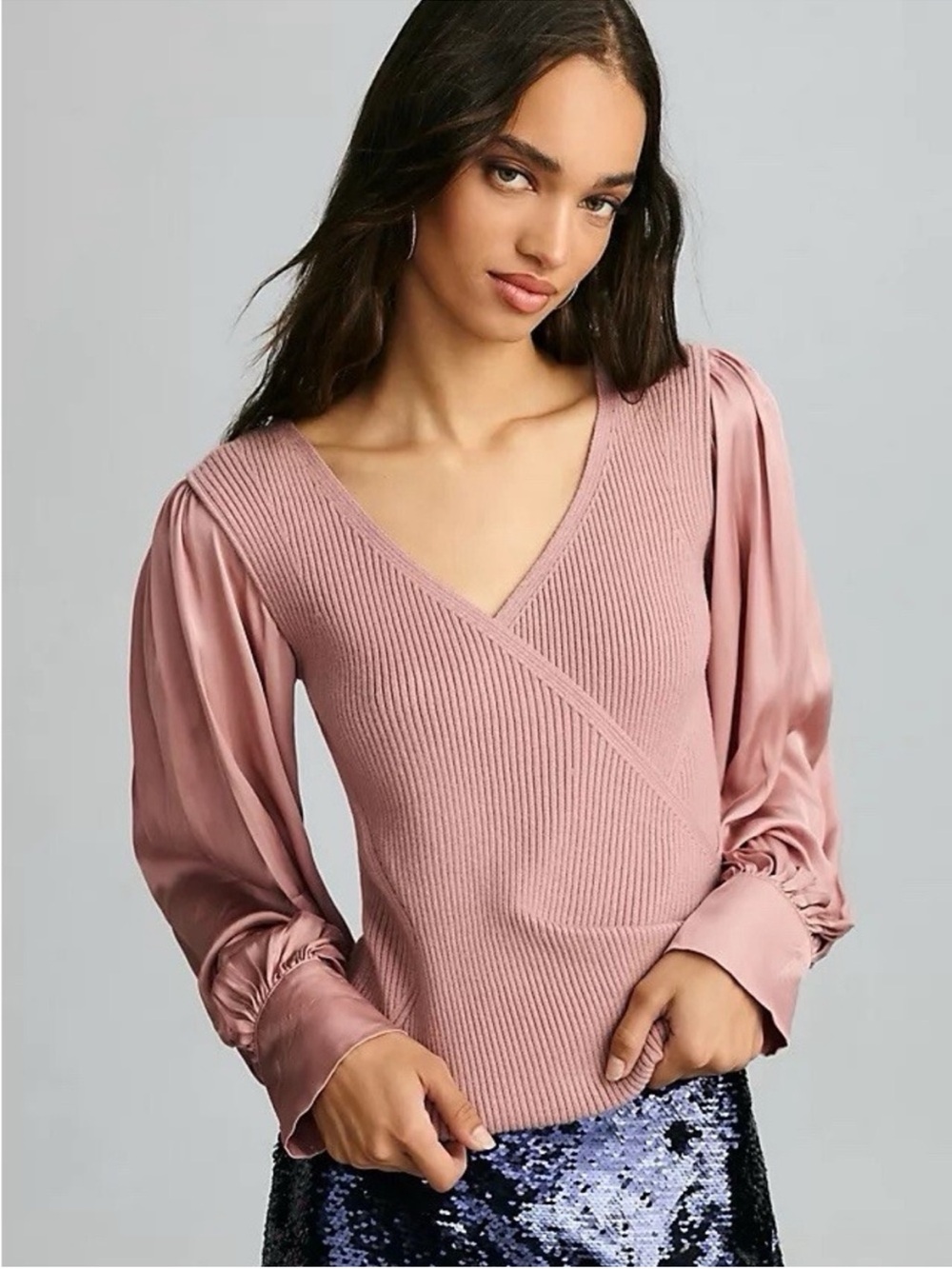 Anthropologie Mauve Ribbed Wrap Sweater Satin Puff Sleeve Top S NWT